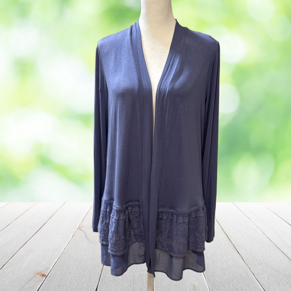 LOGO LORI GOLDSTEIN Jersey Knit Open Cardigan Lace Ruffle Hem Tunic Blue Size S
